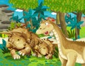 Cartoon scene with dinosaur apatosaurus diplodocus with some other dinosaur in the jungle triceratops and young triceratops Royalty Free Stock Photo