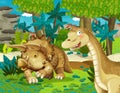 Cartoon scene with dinosaur apatosaurus diplodocus with some other dinosaur in the jungle triceratops and young triceratops Royalty Free Stock Photo