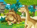 Cartoon scene with dinosaur apatosaurus diplodocus with some other dinosaur in the jungle triceratops and young triceratops Royalty Free Stock Photo