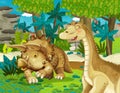 Cartoon scene with dinosaur apatosaurus diplodocus with some other dinosaur in the jungle triceratops and young triceratops Royalty Free Stock Photo