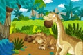 Cartoon scene with dinosaur diplodocus or apatosaurus taking down coconuts in the jungle nature background - illustration for