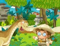 Cartoon scene with dinosaur and some professor in the jungle - illustration for children