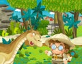 Cartoon scene with dinosaur and some professor in the jungle - illustration for children