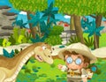 Cartoon scene with dinosaur and some professor in the jungle - illustration for children