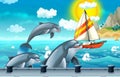 Cartoon scene with dolphins and ship sailing into the port illustration