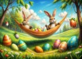 Cartoon scene of the Easter bunny sitting in a hammock. The action takes place in an Easter egg field with trees and blue sky Royalty Free Stock Photo