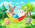 Cartoon scene of the Easter bunny sitting in a hammock. The action takes place in an Easter egg field with trees and blue sky Royalty Free Stock Photo