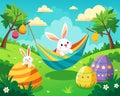 Cartoon scene of the Easter bunny sitting in a hammock. The action takes place in an Easter egg field with trees and blue sky Royalty Free Stock Photo