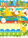 Cartoon scene with easter scene with chickens and eggs - happy easter card