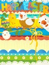 Cartoon scene with easter scene with chickens and eggs - happy easter card