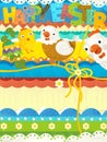 Cartoon scene with easter scene with chickens and eggs - happy easter card