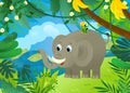 cartoon scene with elephant spilling water with other jungle animals friends being together illustration for children