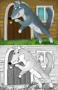 Cartoon evil wolf spying near wooden house illustration