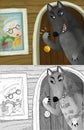 Cartoon scene with evil wolf spying in wooden house