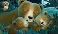 Cartoon scene with family of bears and owl in the forest by night Royalty Free Stock Photo