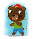 cartoon scene with farm bear boy child walking to fish and smiling and looking in dungerees illustration for children Royalty Free Stock Photo