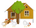 cartoon scene with farm element farm wooden house home chicken coop with birds rooster hens isolated background illustration for