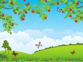 Summer landscape with green meadow and butterflies. Apple tree with red apples