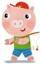 cartoon scene with farm pig boy child walking to fish and smiling and looking in dungerees illustration for children Royalty Free Stock Photo