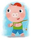 cartoon scene with farm pig boy child walking to fish and smiling and looking in dungerees illustration for children Royalty Free Stock Photo