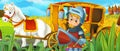 cartoon scene with farm ranch field and horse with royal medieval chariot knight prince illustration for children Royalty Free Stock Photo