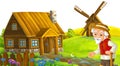cartoon scene with farmer near the village house medieval ranch isolated illustration for children