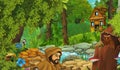 Cartoon scene farmer rancher near the stream and wooden farm illustration