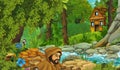 Cartoon scene farmer rancher near the stream and wooden farm illustration