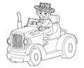 Cartoon scene with farmer sitting in tractor - vector coloring page Royalty Free Stock Photo