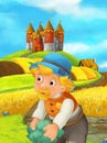 Cartoon scene farmer working in the field standing near the castle