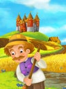Cartoon scene farmer working in the field standing near the castle