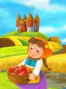 Cartoon scene farmer working in the field standing near the castle