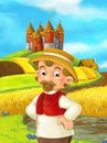 Cartoon scene farmer working in the field standing near the castle