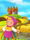 Cartoon scene farmer working in the field standing near the castle