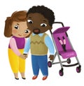 cartoon scene with father and mother near baby carriage playing on white background illustration for children