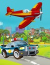 Cartoon scene with fire brigade car vehicle on the road and fireman worker - illustration