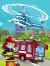 Cartoon scene with fire brigade car vehicle on the road and fireman worker - illustration