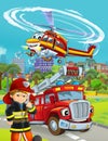 Cartoon scene with fire brigade car vehicle on the road and fireman worker and flying helicopter - illustration for children