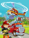 cartoon scene with fire brigade car vehicle on the road and fireman worker and flying helicopter - illustration for children