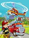 cartoon scene with fire brigade car vehicle on the road and fireman worker and flying helicopter - illustration for children