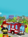 Cartoon scene with fire brigade car vehicle on the road and fireman worker - illustration