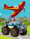Cartoon scene with fire brigade car vehicle on the road and fireman worker - illustration