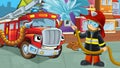 Cartoon scene with fire fighter machine fireman vehicle and fireman boy putting out the fire burning building illustration