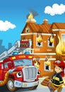 Cartoon scene with fire fighter machine fireman vehicle and fireman boy putting out the fire burning building illustration