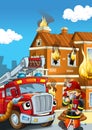 Cartoon scene with fire fighter machine fireman vehicle and fireman boy putting out the fire burning building illustration