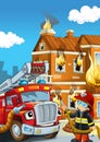 Cartoon scene with fire fighter machine fireman vehicle and fireman boy putting out the fire burning building illustration