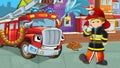 Cartoon scene with fire fighter machine fireman vehicle and fireman boy putting out the fire burning building illustration