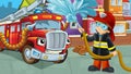 Cartoon scene with fire fighter machine fireman vehicle and fireman boy putting out the fire burning building illustration