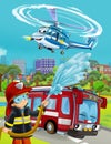 Cartoon scene with fireman car brigade or motorcycle fireman boy and police helicopter illustration for children kids Royalty Free Stock Photo
