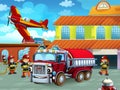 Cartoon scene with fireman car vehicle on the road near the fire station with firemen